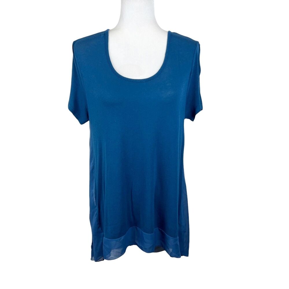 Pemberley Shirt Women Small Blue Short Sleeve A-Line Relaxed Fit High Low Tunic